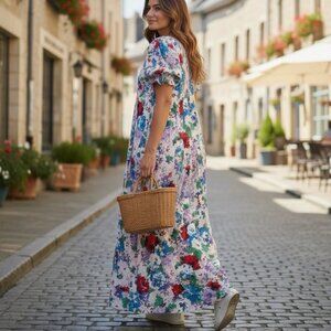 Vtg Two Potato Florsl Midi Tiered Loose Muumuu Dress M Cotton 80s 90s